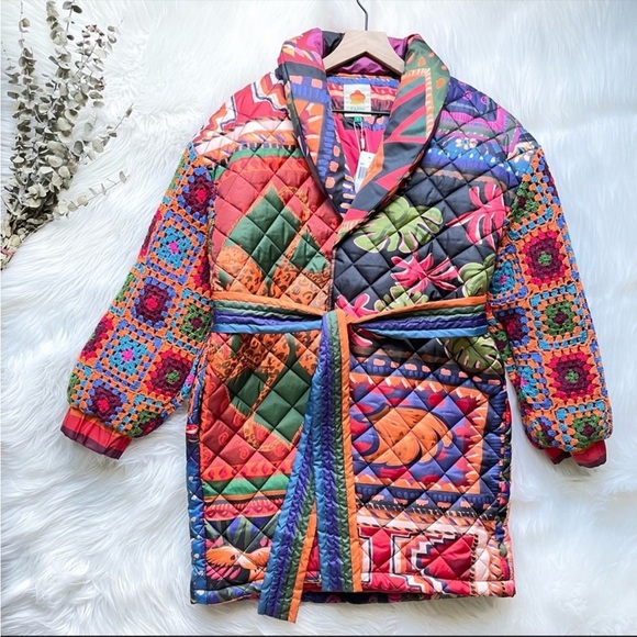 FARM RIO Patchwork Tapestry Crochet-Sleeve Puffer Jacket Coat Small NWT - Picture 6 of 14